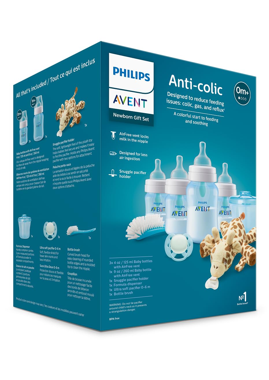 Avent Anti-Colic Baby Bottle with AirFree Vent - Blue Newborn Gift Set with Snuggle