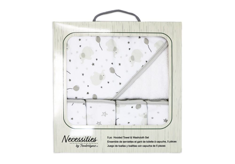 Tendertyme 5 pc Gift Box Elephant & Balloon Hooded Towel & 4 Washcloths