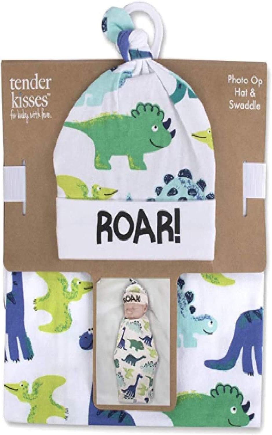 Tender Kisses Gift Set Swaddle Blanket and Hat - Dinosaur