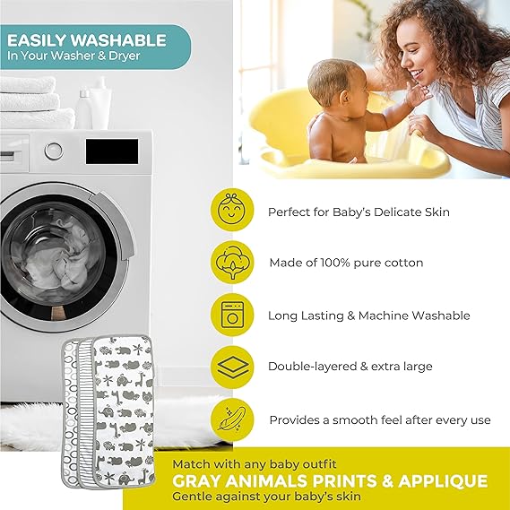 Spasilk 3 Pack Burp Cloths - Grey Animals