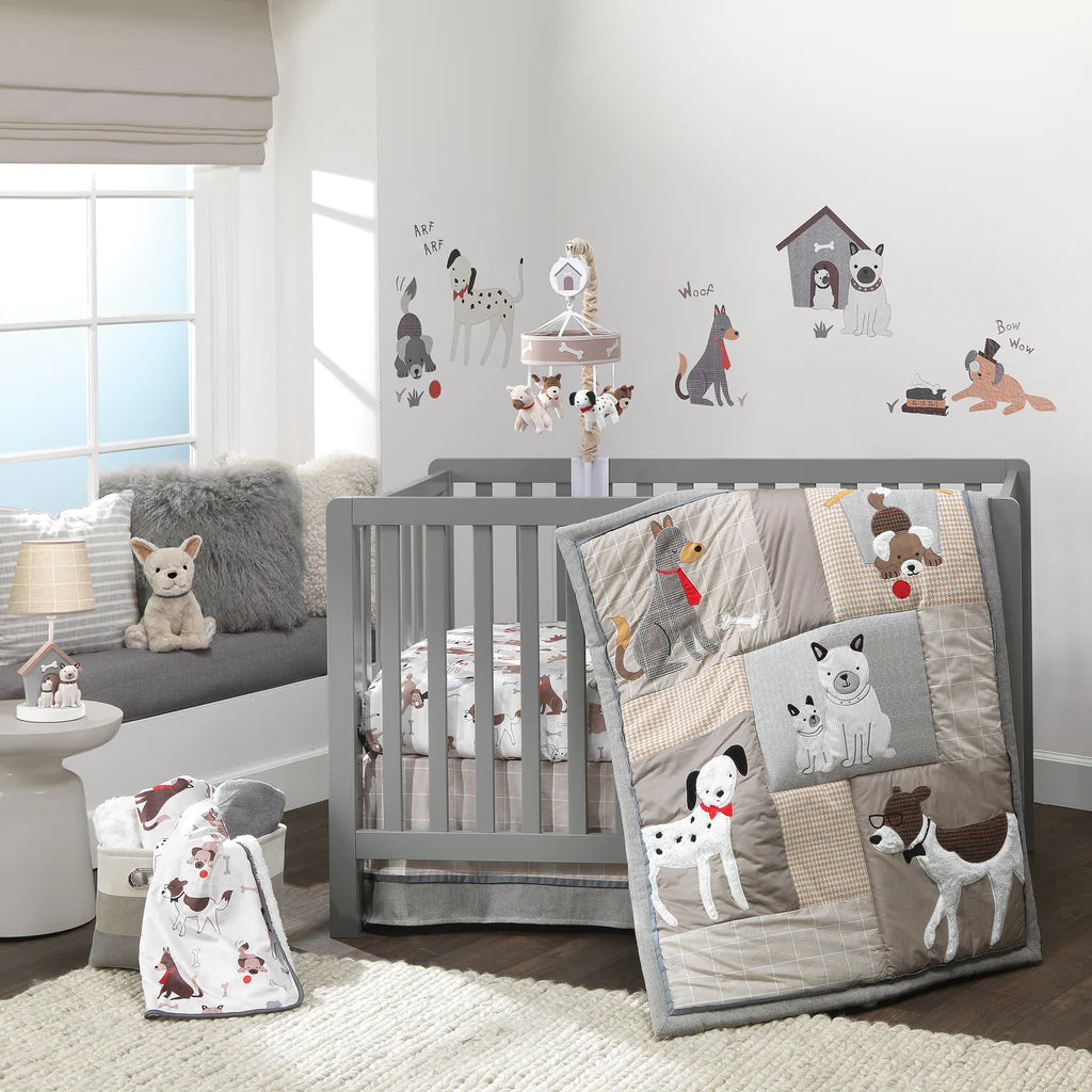 Lambs White And Gray Crib Bedding Lambs Ivy Bow Wow 3-Piece Crib