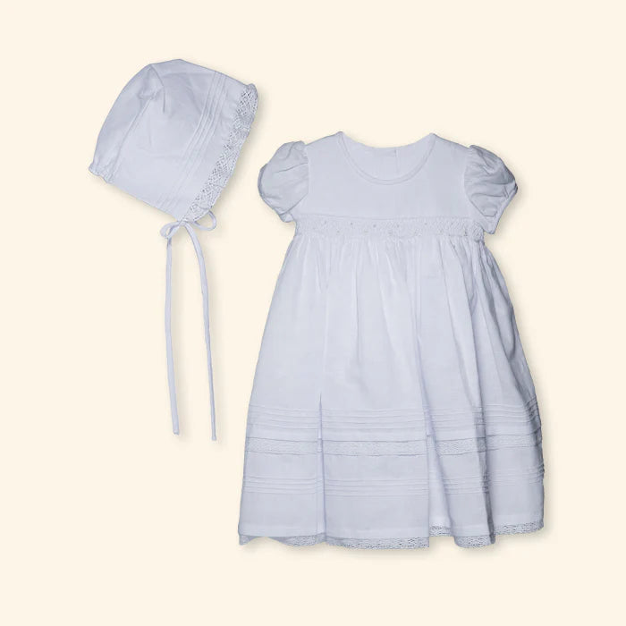 Karela White Linen Christening Dress with Bonnet
