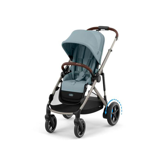 Stroller with stormy blue canopy and brown accents on a silver background