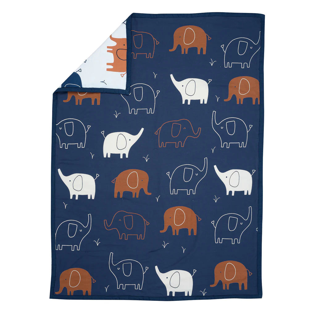 Playful Elephant Blue/White 3-Piece Nursery Baby Crib Bedding Set