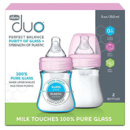 Chicco Duo Hybrid Baby Bottle 5oz, 2 Pack-Pink