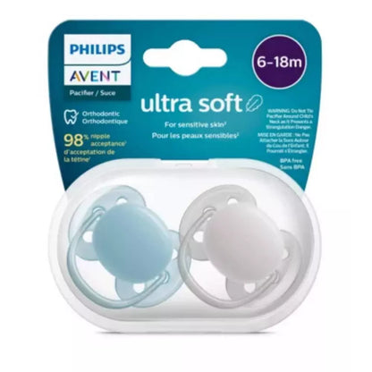 Avent Ultra Soft Pacifier 6-18 Months  Beige- Blue - 2pk