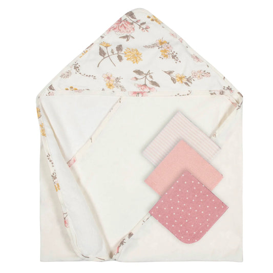 Just Born Hooded Towel and Washcloths Vintage Floral, 4 Pack