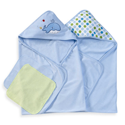 Spasilk Hooded Towel & Washcloths, 4PC Set - Blue Whale