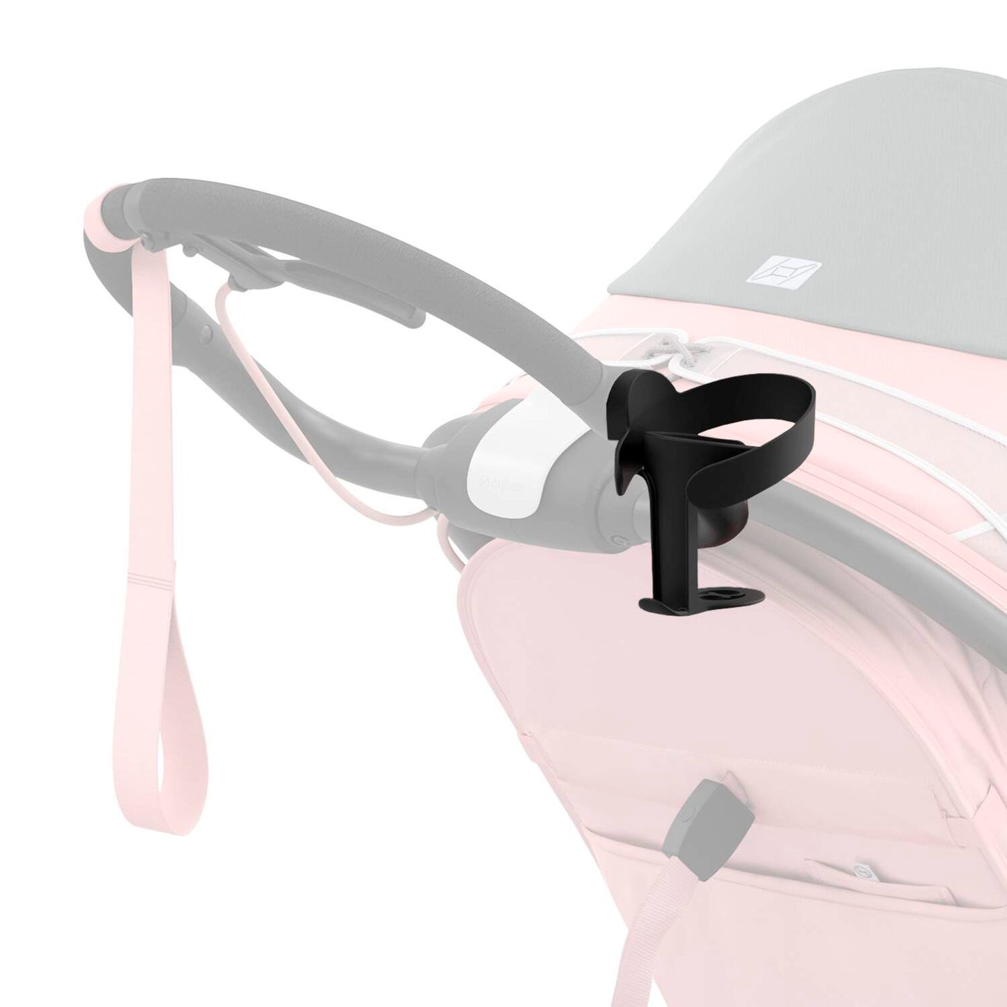 Black cup holder attached to a stroller on a white background