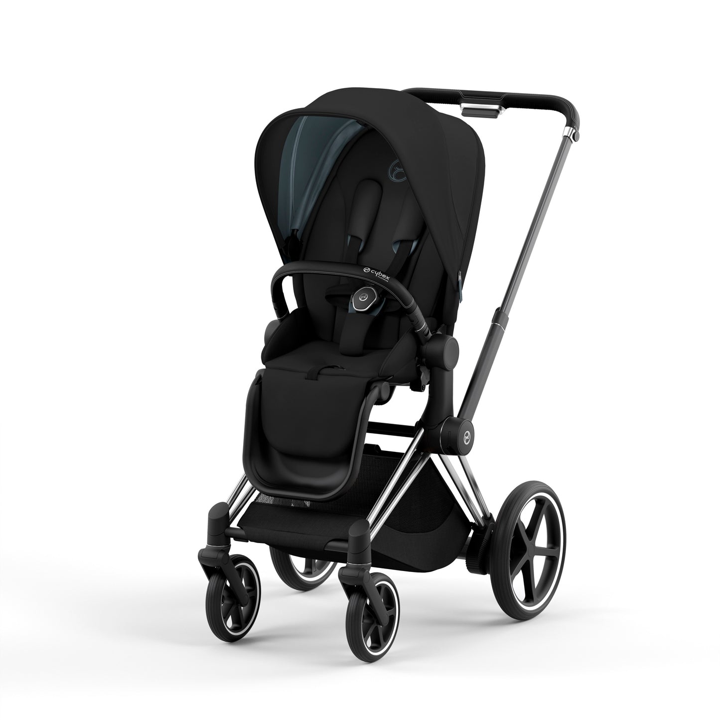 Cochecito Cybex e-PRIAM 2 - Estructura cromada/negra y paquete de asiento en negro profundo