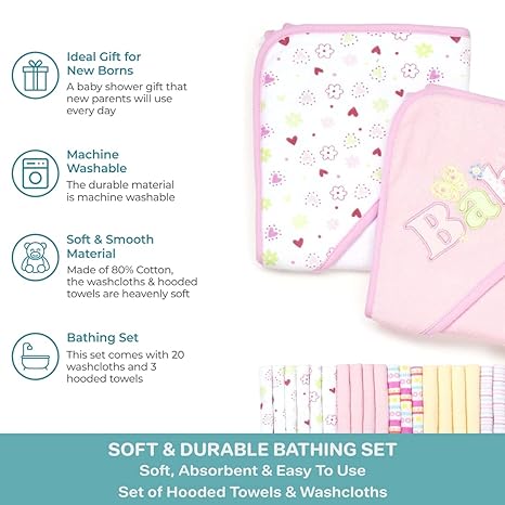 Spasilk Bath Hooded Towels & Washcloths, 23 Pieces Gift Set - Pink