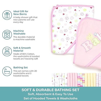 Spasilk Bath Hooded Towels & Washcloths, 23 Pieces Gift Set - Pink