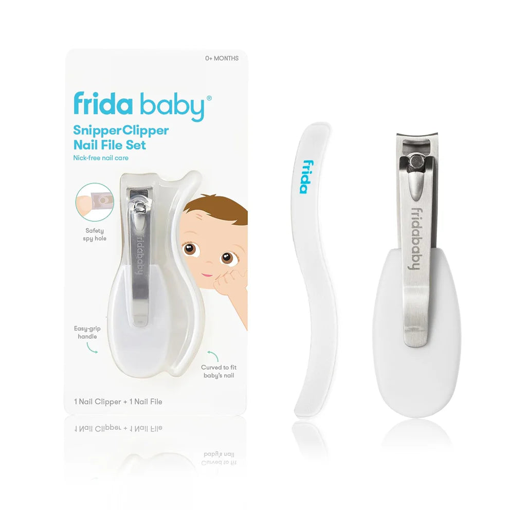 Frida Baby snipper clipper and nail file set with packaging on a white background