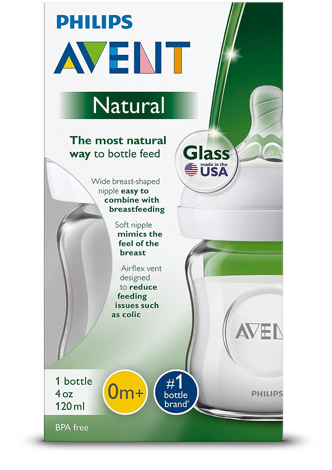 Avent Biberón de vidrio natural con tetina de respuesta natural, 4 oz, 1 unidad