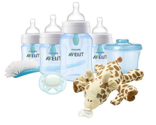 Biberón anticólicos con ventilación AirFree Avent - Set de regalo para recién nacidos en color azul con abrazo
