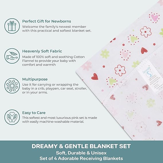 Spasilk 4 Pack Flannel Receiving Blankets - Pink Butterfly