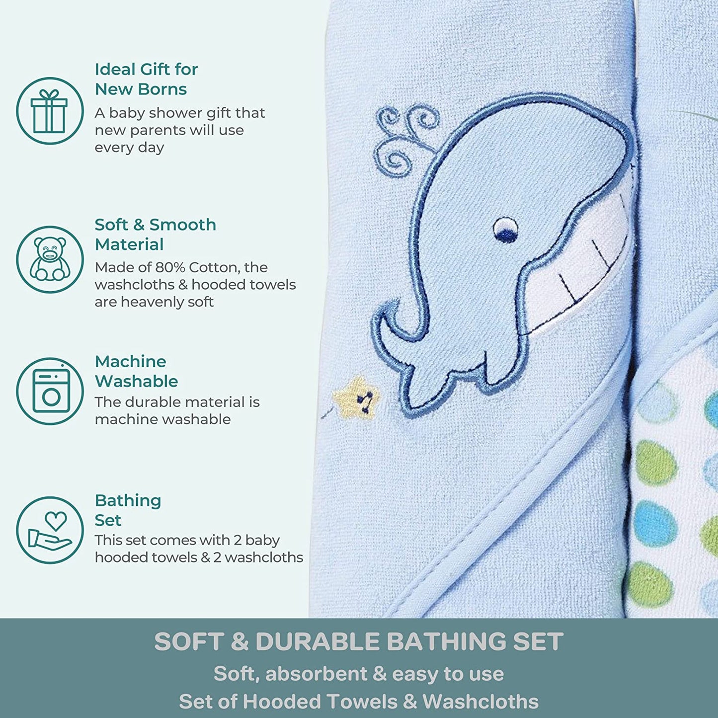 Spasilk Hooded Towel & Washcloths, 4PC Set - Blue Whale