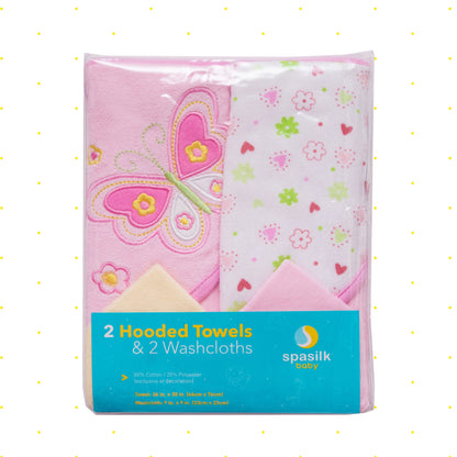 Spasilk Hooded Towel & Washcloths, 4PC Set - Pink Butterfly