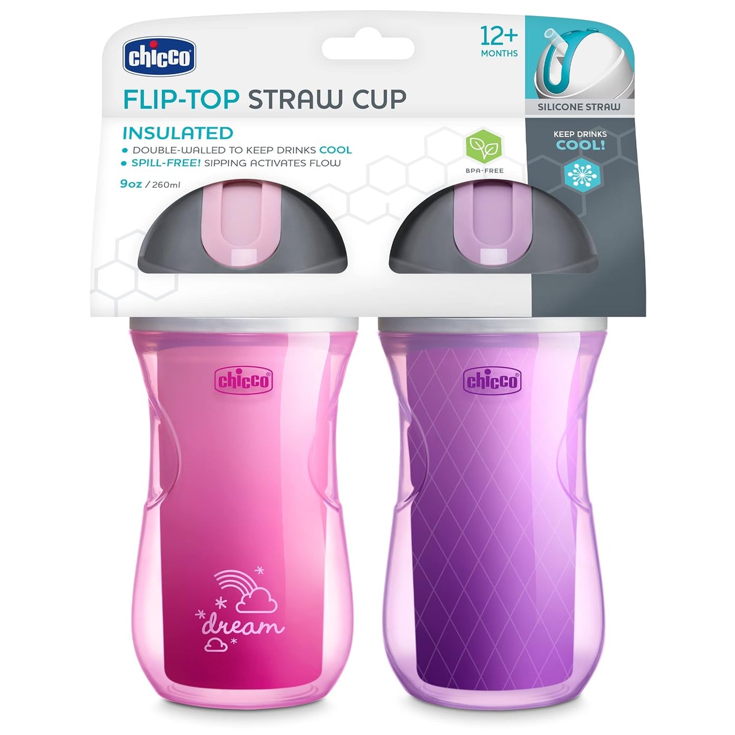 Chicco Double-Wall Insulated Flip-Top Sippy Cup with Silicone Straw and Spill-Free Lid, 9oz. 12M+ 2-Pack