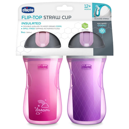 Chicco Double-Wall Insulated Flip-Top Sippy Cup with Silicone Straw and Spill-Free Lid, 9oz. 12M+ 2-Pack