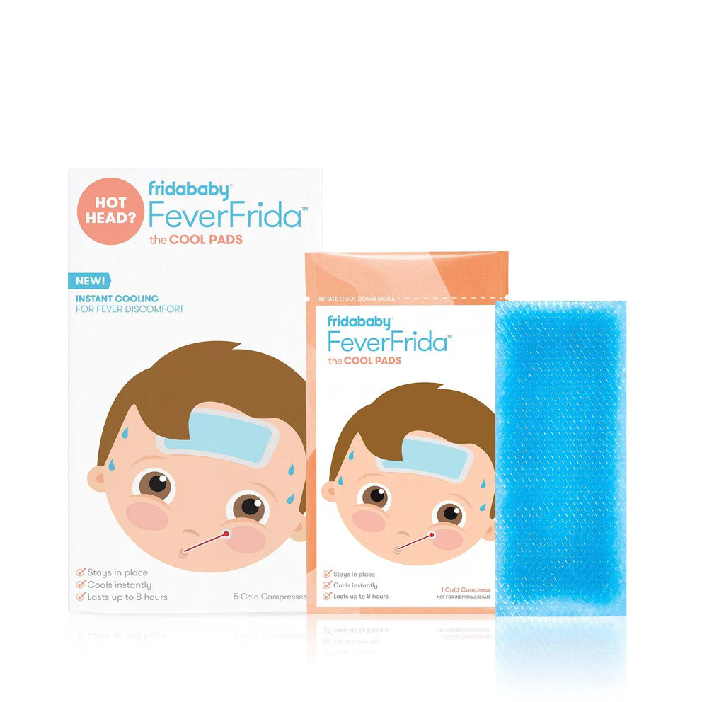 Fridababy Fever Frida cool pads packaging with a blue cooling pad on a white background