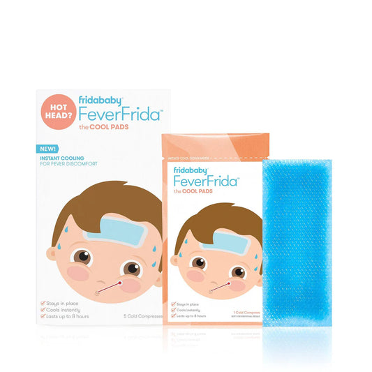 Fridababy Fever Frida cool pads packaging with a blue cooling pad on a white background