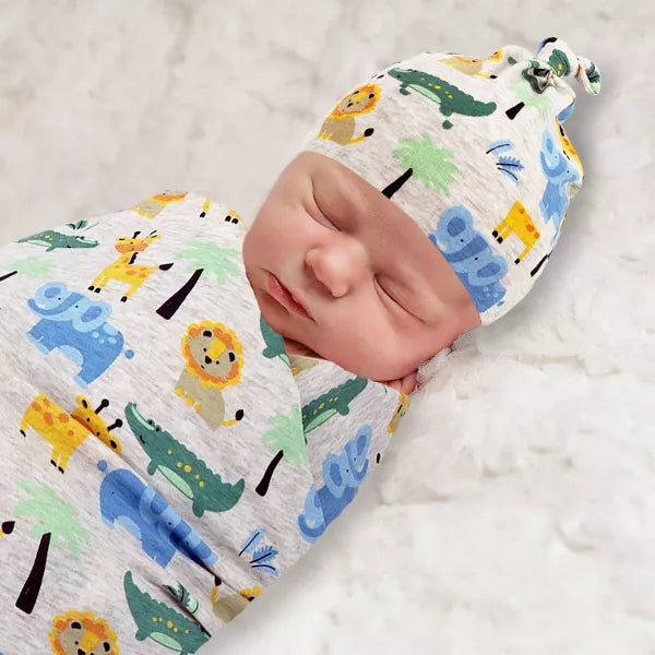 Baby Essentials Gift Set Swaddle Blanket and Hat - Safari