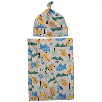 Baby Essentials Gift Set Swaddle Blanket and Hat - Safari