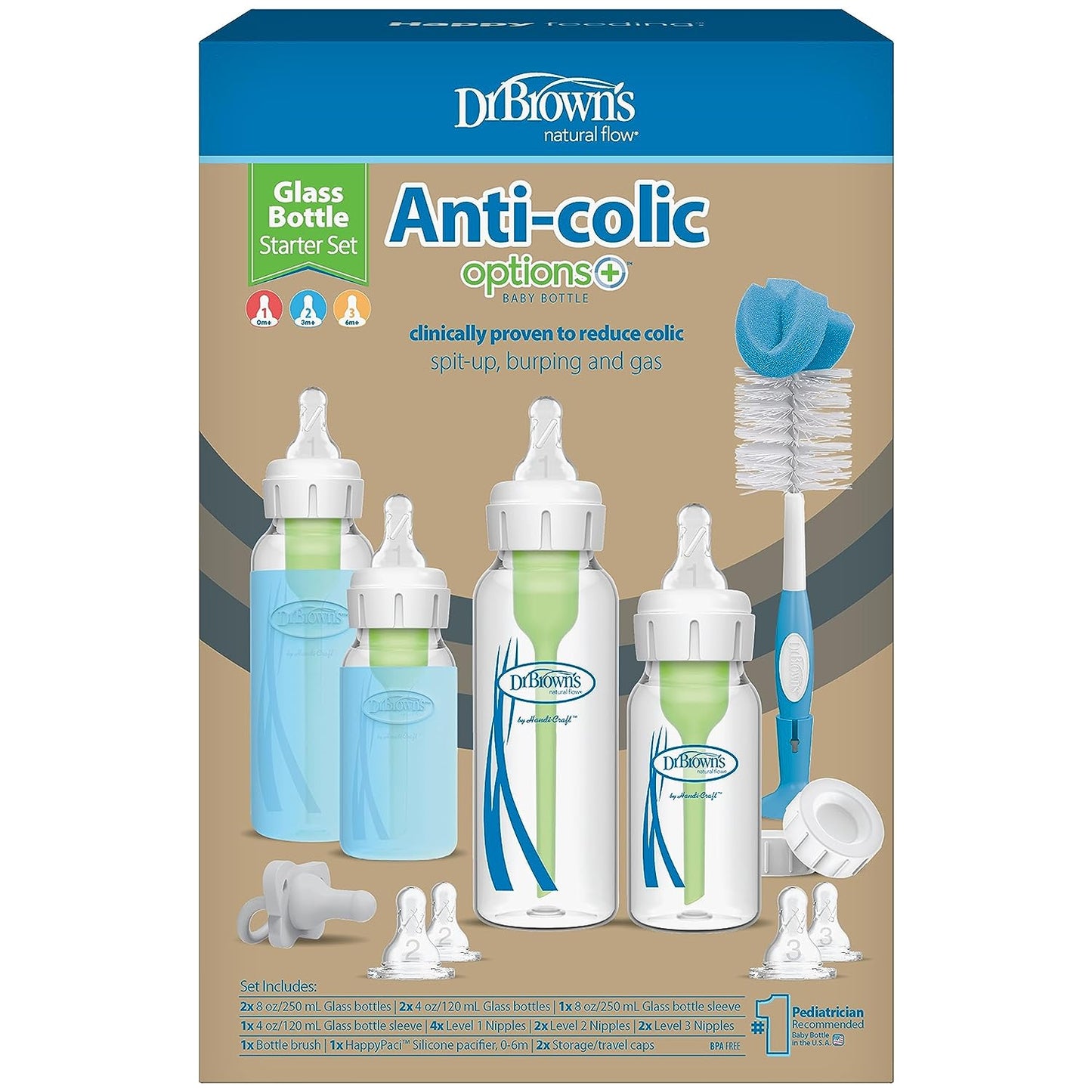 Dr. Brown's Natural Flow Anti-Colic Options+ Narrow Glass Baby Bottle Starter Set