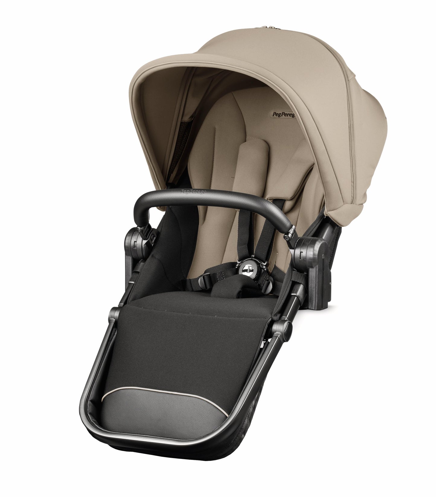 Beige and black baby stroller on a vanilla blend background