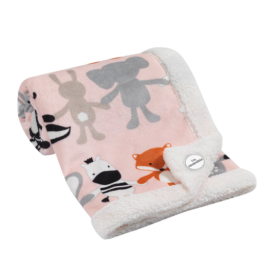 Lambs & Ivy Pink Velour Elephant & Animals Baby Blanket with Sherpa Back