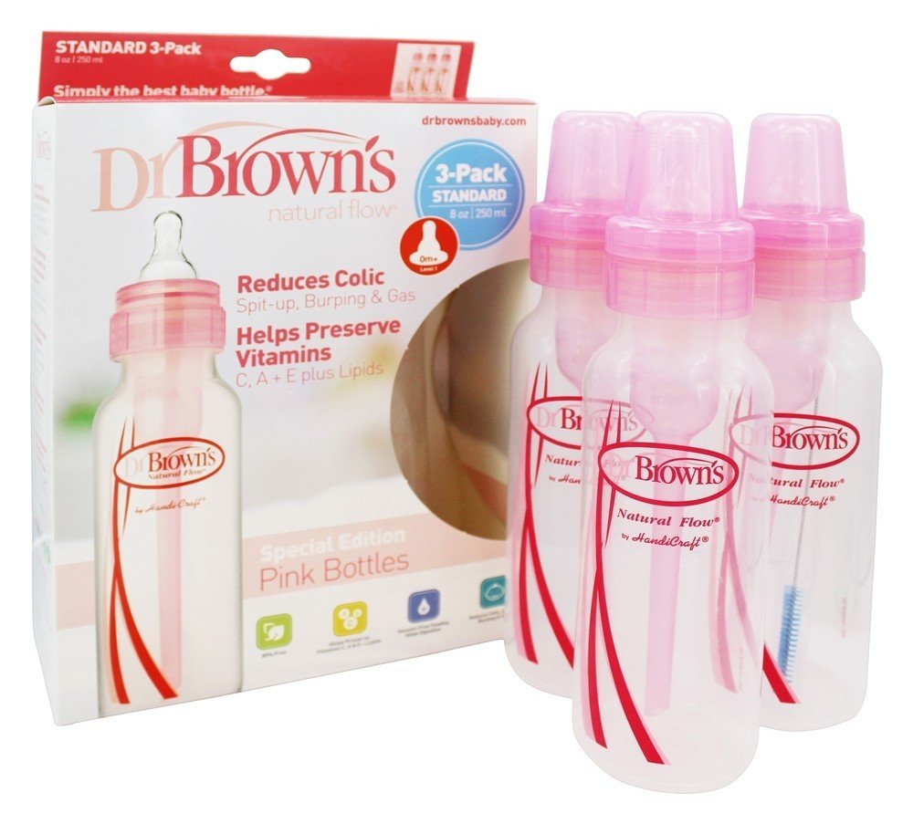 Dr. Brown's Natural Flow, paquete de 3 botellas para reducir los cólicos de 8 oz, color rosa