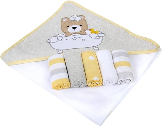 Toalla con capucha y toallitas Baby Essentials de 6 piezas