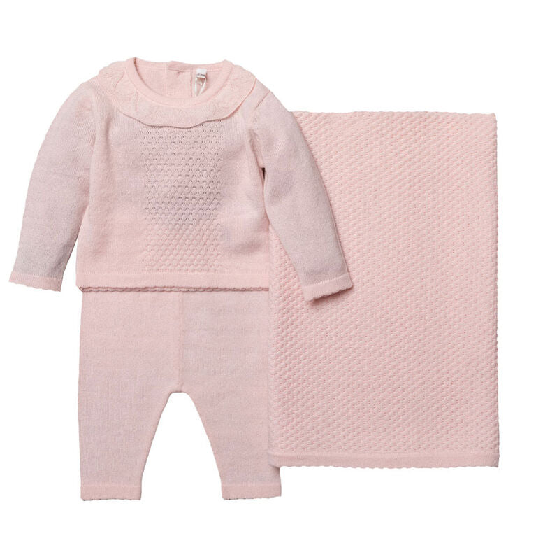 Conjunto de suéter de malha de 3 peças Rock A Bye Baby, rosa