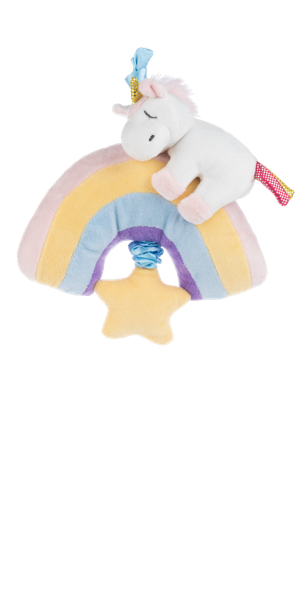 Plush toy with a unicorn and rainbow on a white background