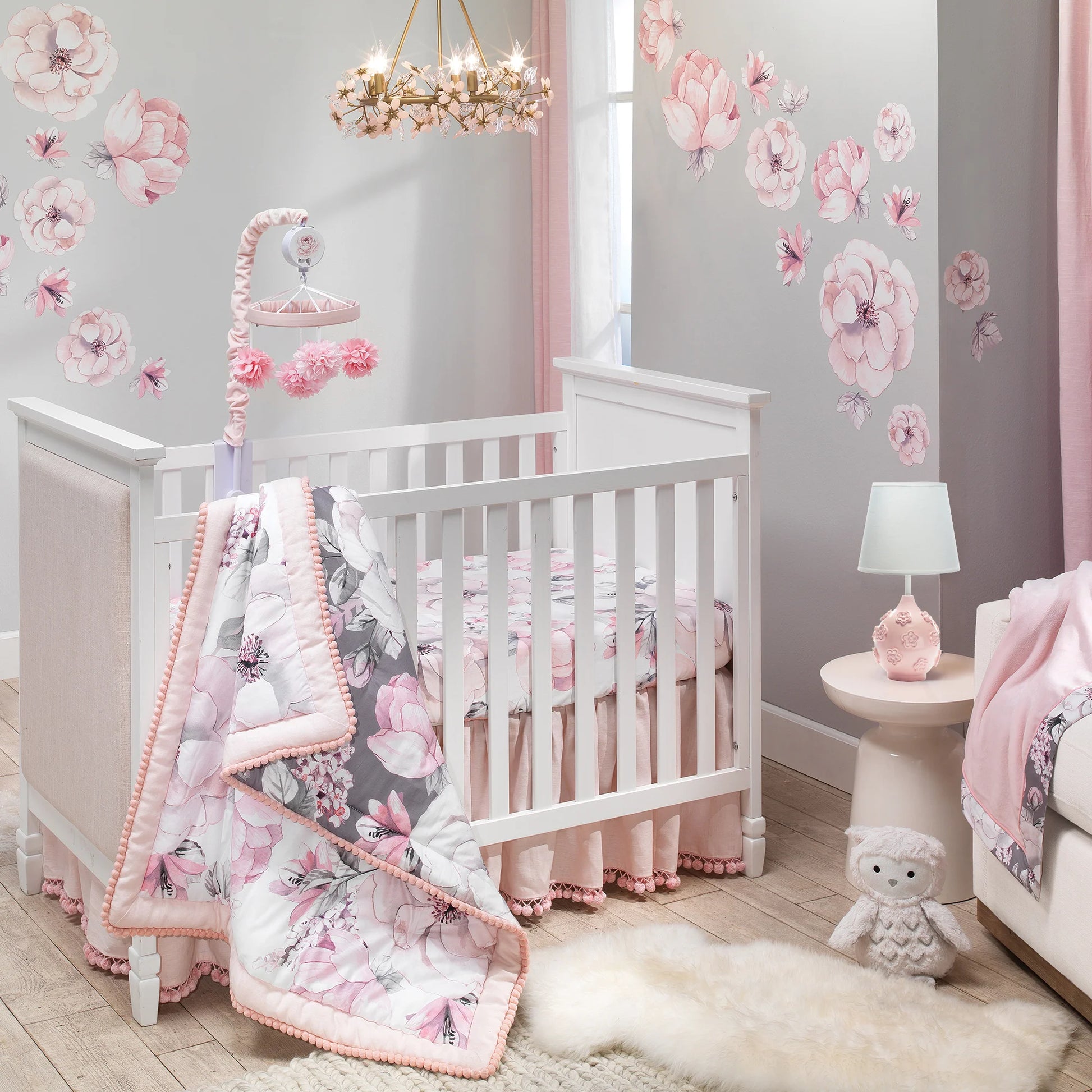Delicate baby nursery with floral decorations, crib, and soft lighting.