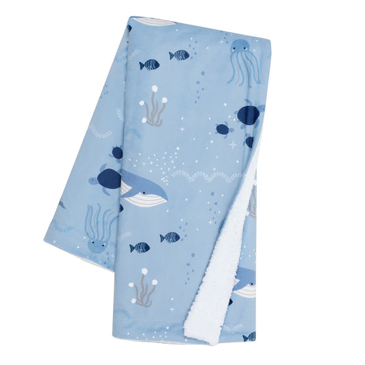 Lambs & Ivy Bubbles & Squirt Blue Ocean Whale Soft Fleece Blanket