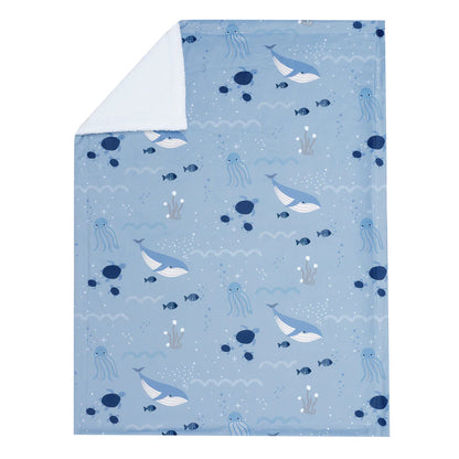 Lambs & Ivy Bubbles & Squirt Blue Ocean Whale Soft Fleece Blanket