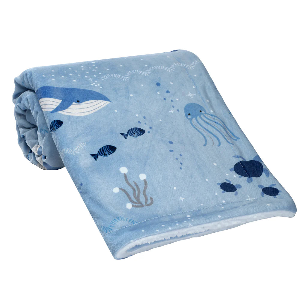 Lambs & Ivy Bubbles & Squirt Blue Ocean Whale Soft Fleece Blanket