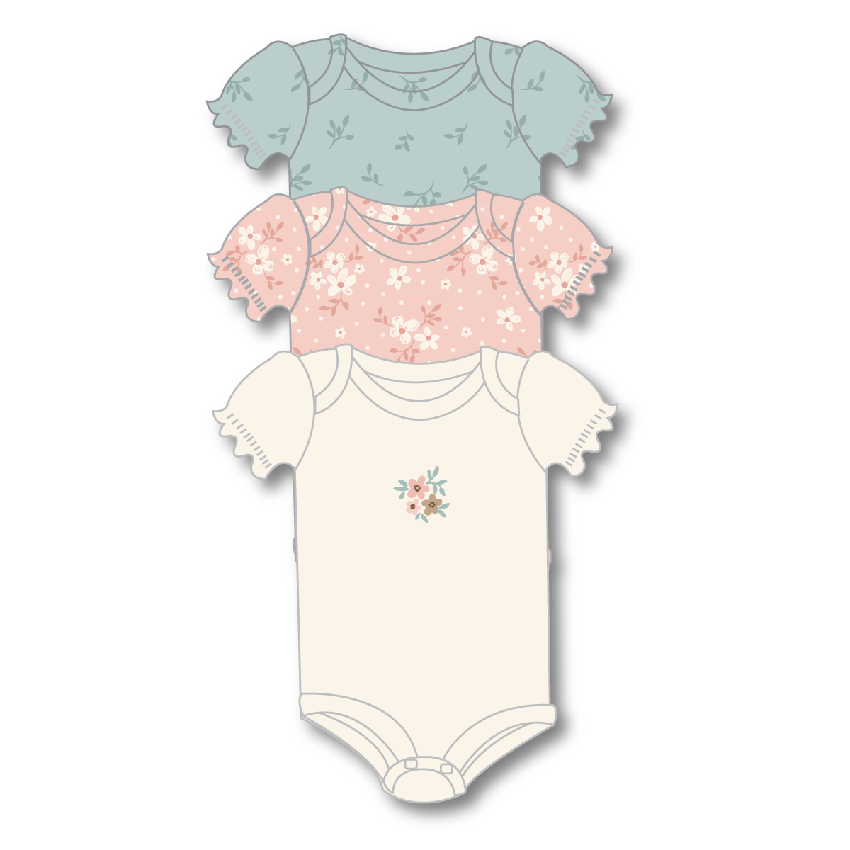 Petite L'amour Flower Bodysuit, 3 Pack