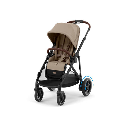 Beige and black stroller on a Almond Beige background