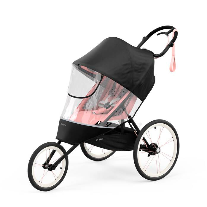 Black stroller with clear rain cover on a white background
