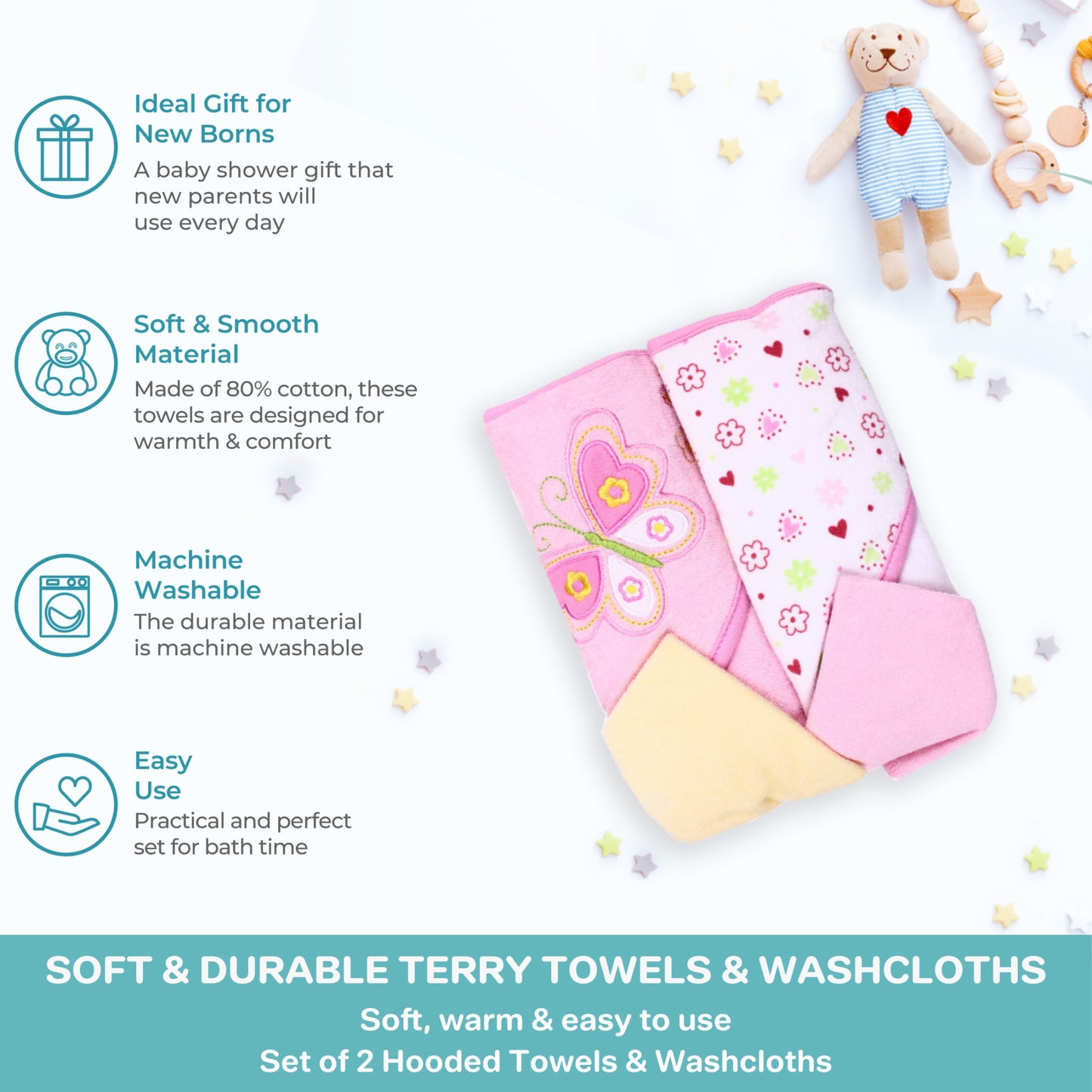 Spasilk Hooded Towel & Washcloths, 4PC Set - Pink Butterfly