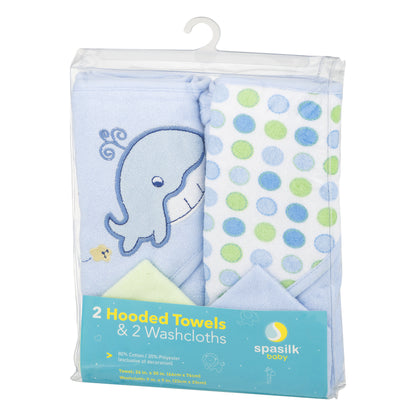 Spasilk Hooded Towel & Washcloths, 4PC Set - Blue Whale