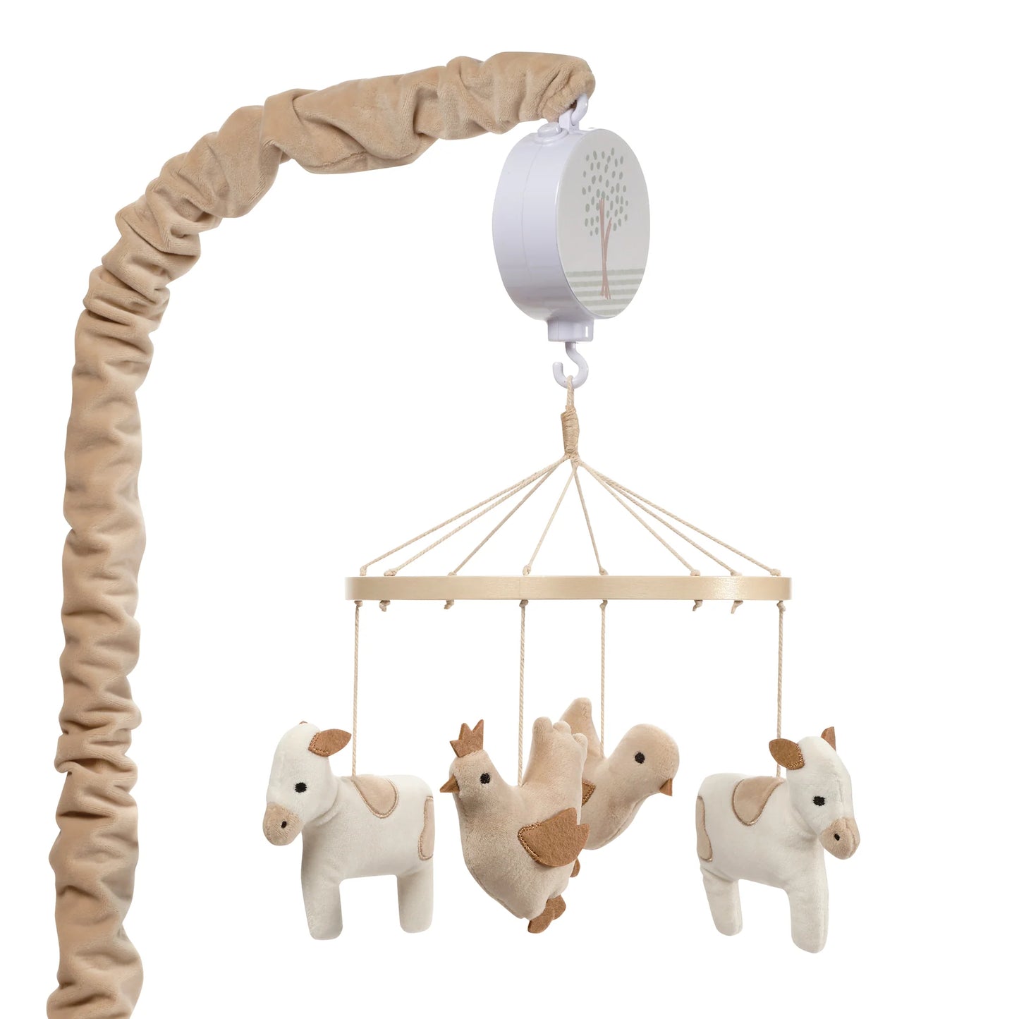 Baby mobile with plush animals and a white speaker on a beige arch