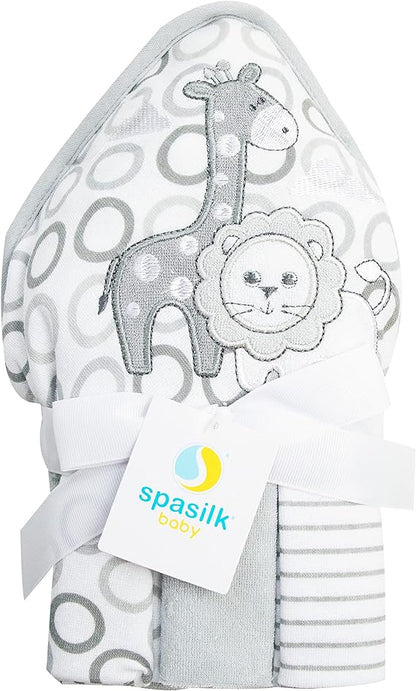 Spasilk Hooded Towel & Washcloths, 4PC Essentials Set - Gray Lion