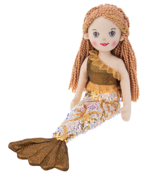 Mermaid doll with a gold top and multicolored tail on a white background