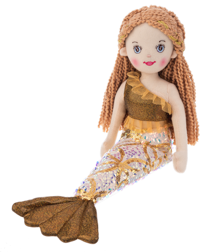 Mermaid doll with a gold top and multicolored tail on a white background