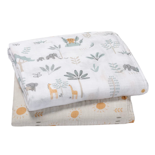 Lambs & Ivy Jungle Adventure 2-Pack Cotton Muslin Newborn Baby Swaddle Blankets