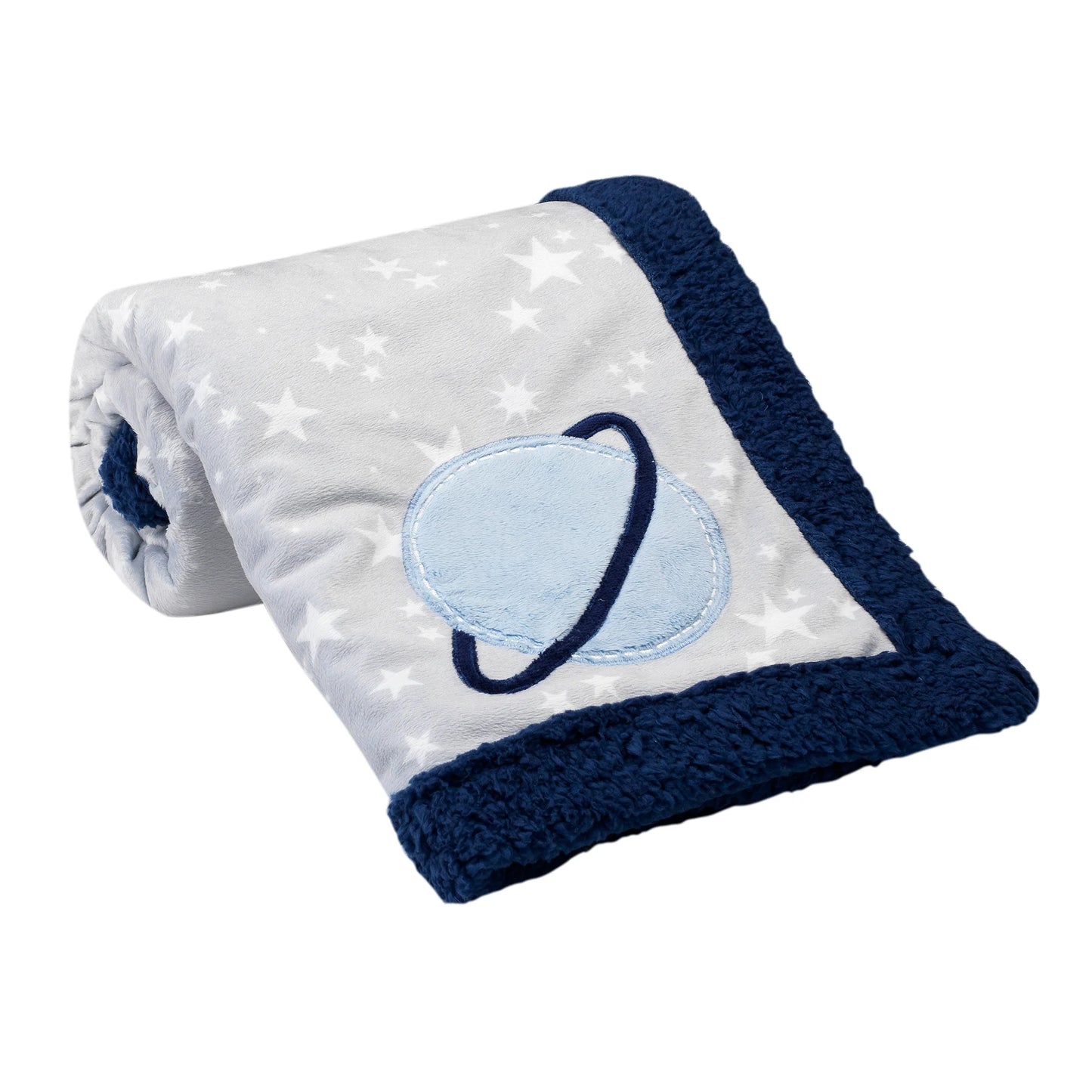 Folded baby blanket with star pattern and blue border on a white background